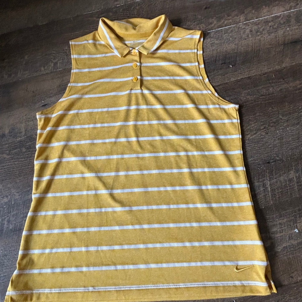 Nike Dri-FIT Womens Sleeveless Polo Shirt Yellow White Striped Golf Top Large
